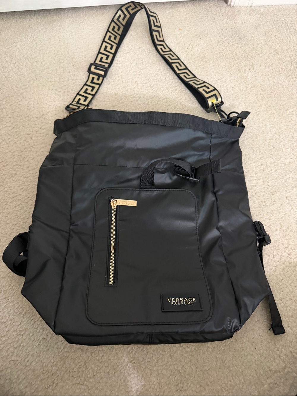 VERSACE Parfums Convertible Rider Backpack Shoulder Tote Bag Black Gold NWOT